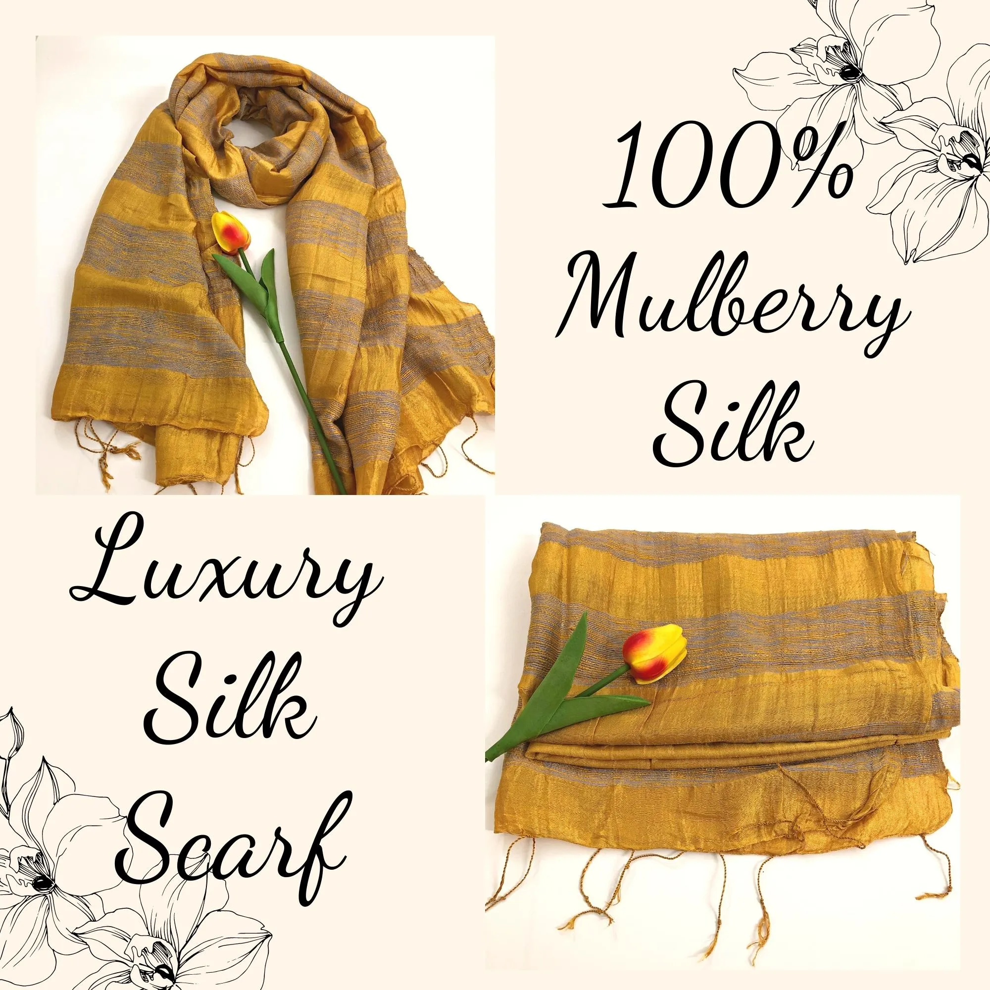 100% MULBERRY SILK SCARF - Pure mulberry silk - Long silk scarf - Women's Scarves - Fashion Scarf - Luxury Scarf - Gift for her - Yellow silk scarves