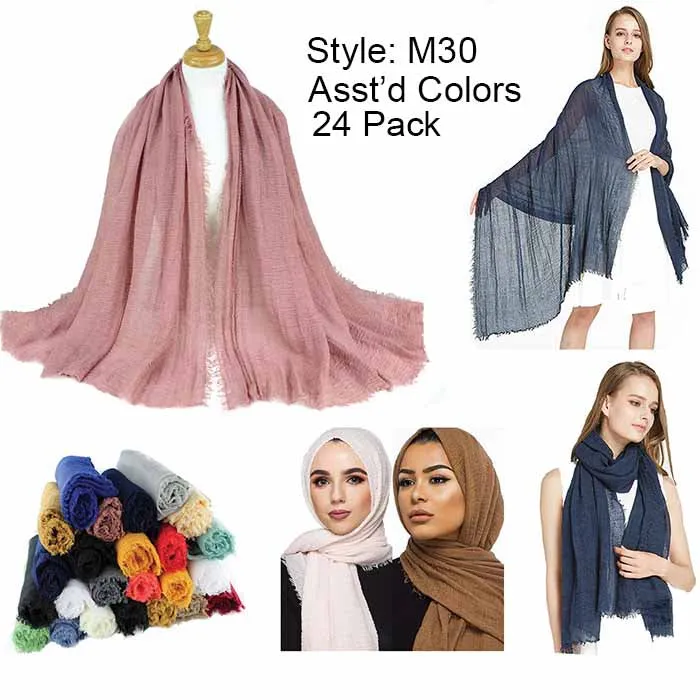 24 Pack Large Solid Crashed Wrinkle Soft Head Scarf and Shawl M30