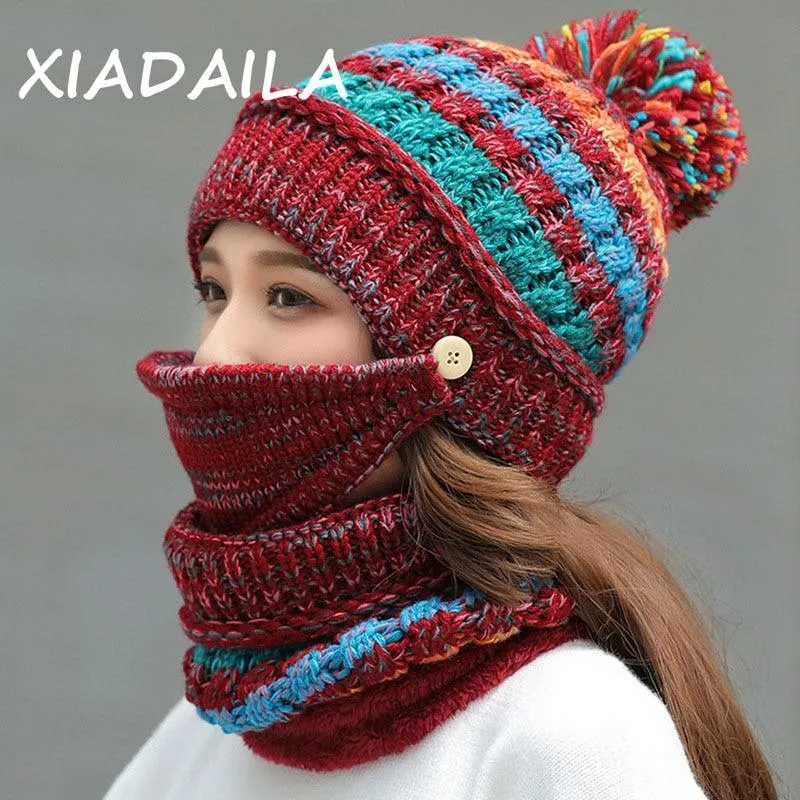 3Pcs Women Thick Warm Fleece Knitted Hat Scarf  Mask Sets