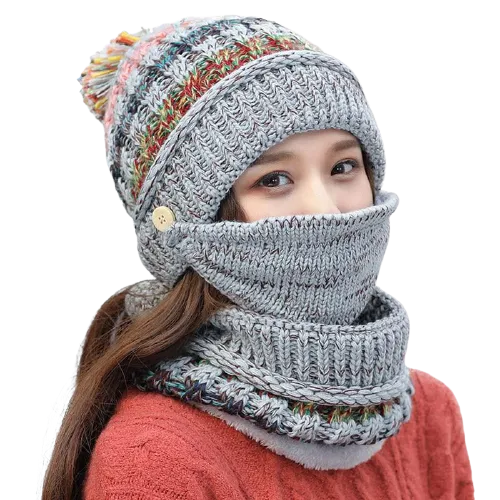 3Pcs Women Thick Warm Fleece Knitted Hat Scarf  Mask Sets