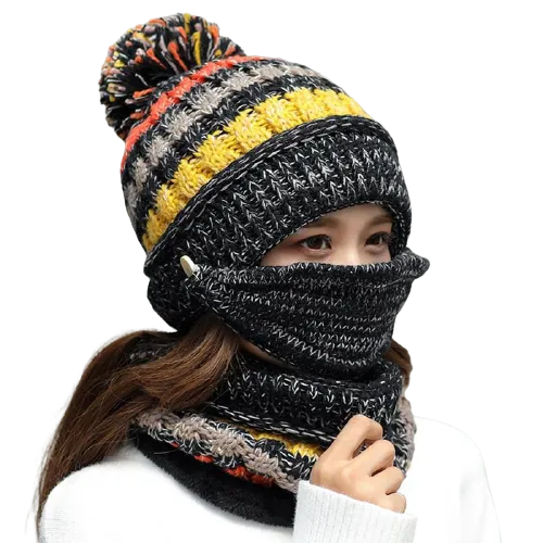 3Pcs Women Thick Warm Fleece Knitted Hat Scarf  Mask Sets