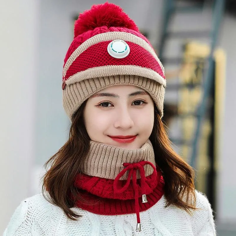 3Pcs Women Thick Warm Fleece Knitted Hat Scarf  Mask Sets