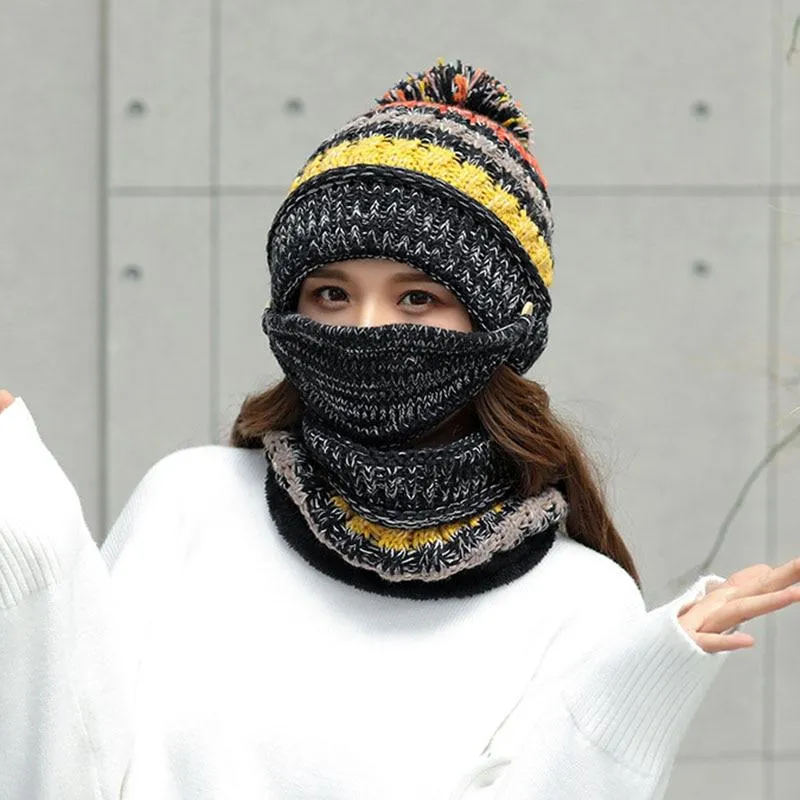 3Pcs Women Thick Warm Fleece Knitted Hat Scarf  Mask Sets