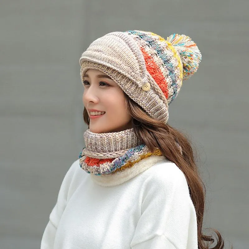 3Pcs Women Thick Warm Fleece Knitted Hat Scarf  Mask Sets