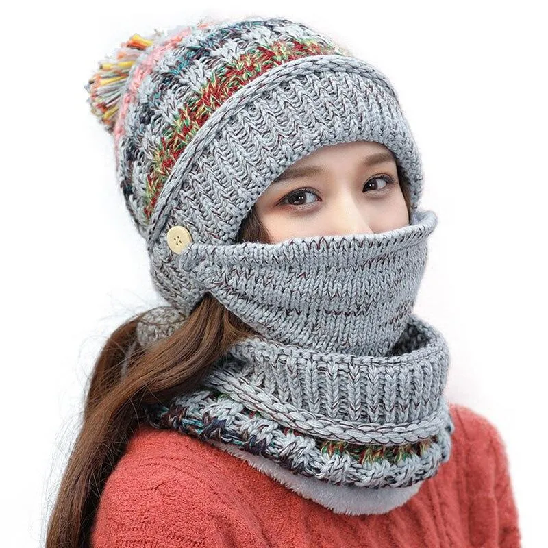 3Pcs Women Thick Warm Fleece Knitted Hat Scarf  Mask Sets