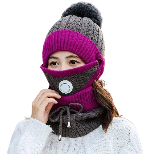 3Pcs Women Thick Warm Fleece Knitted Hat Scarf  Mask Sets