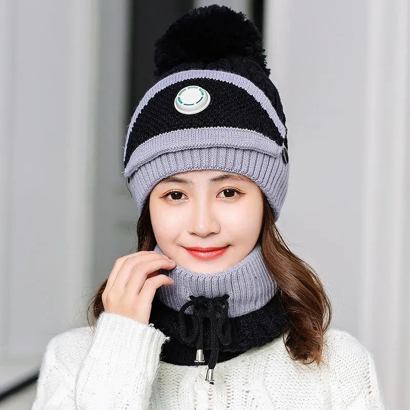 3Pcs Women Thick Warm Fleece Knitted Hat Scarf  Mask Sets