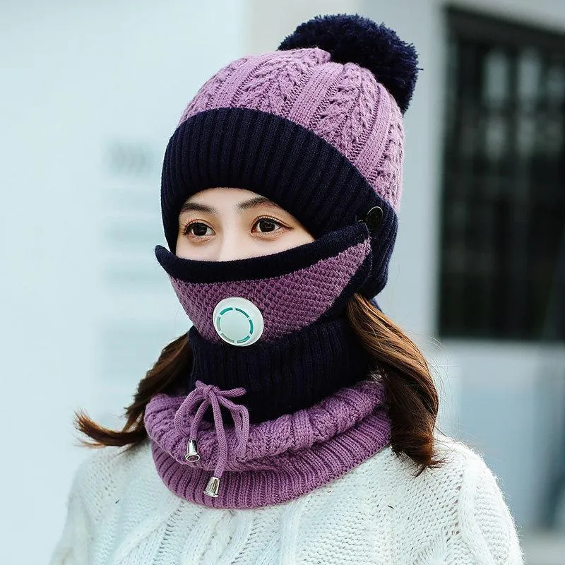 3Pcs Women Thick Warm Fleece Knitted Hat Scarf  Mask Sets