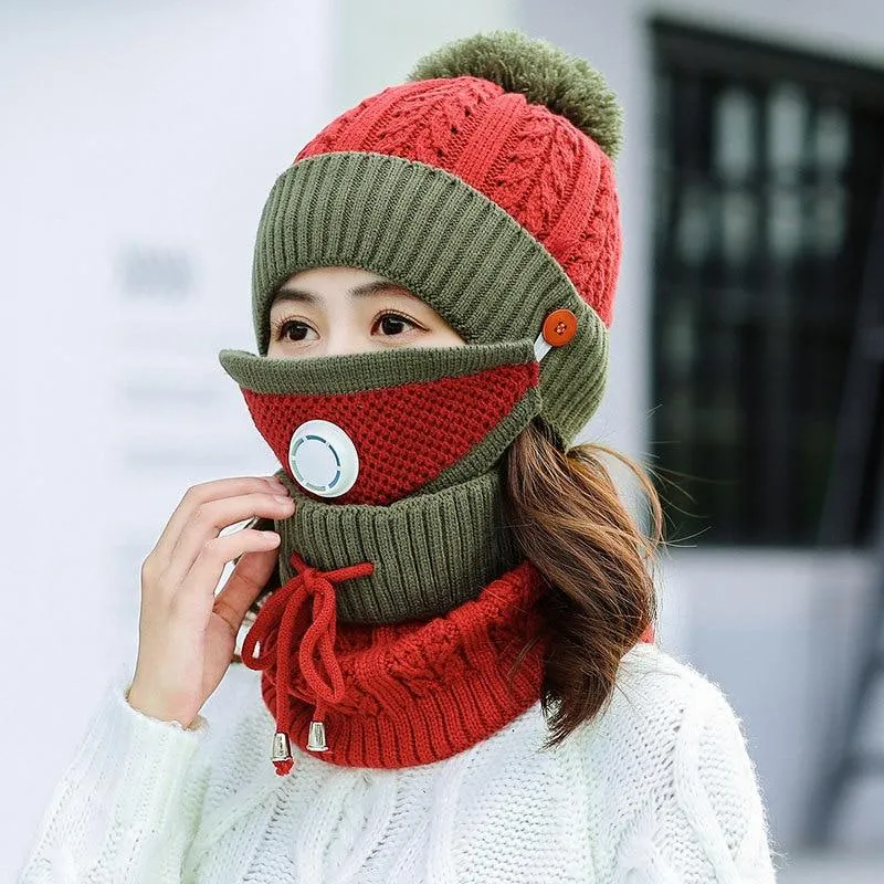 3Pcs Women Thick Warm Fleece Knitted Hat Scarf  Mask Sets