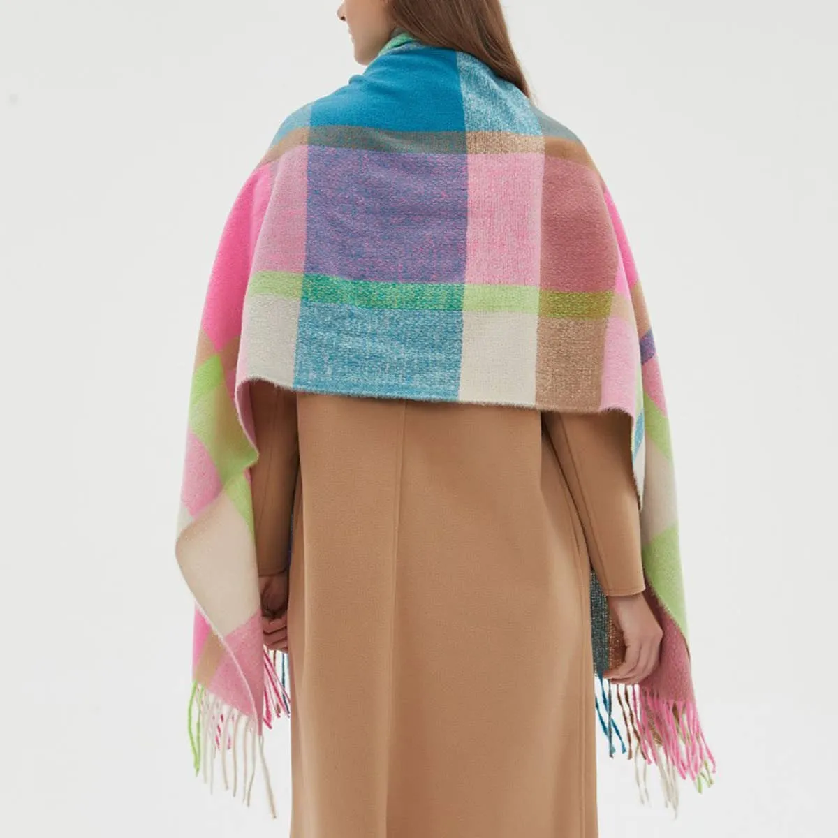 Accity | PLAID PATTERN COLORBLOCK FRINGE TRIM SCARF: PINK