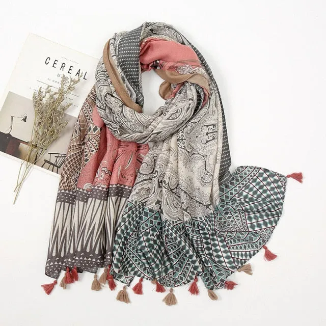 Aztec Floral Tassel Viscose Muslim Hijab Scarf