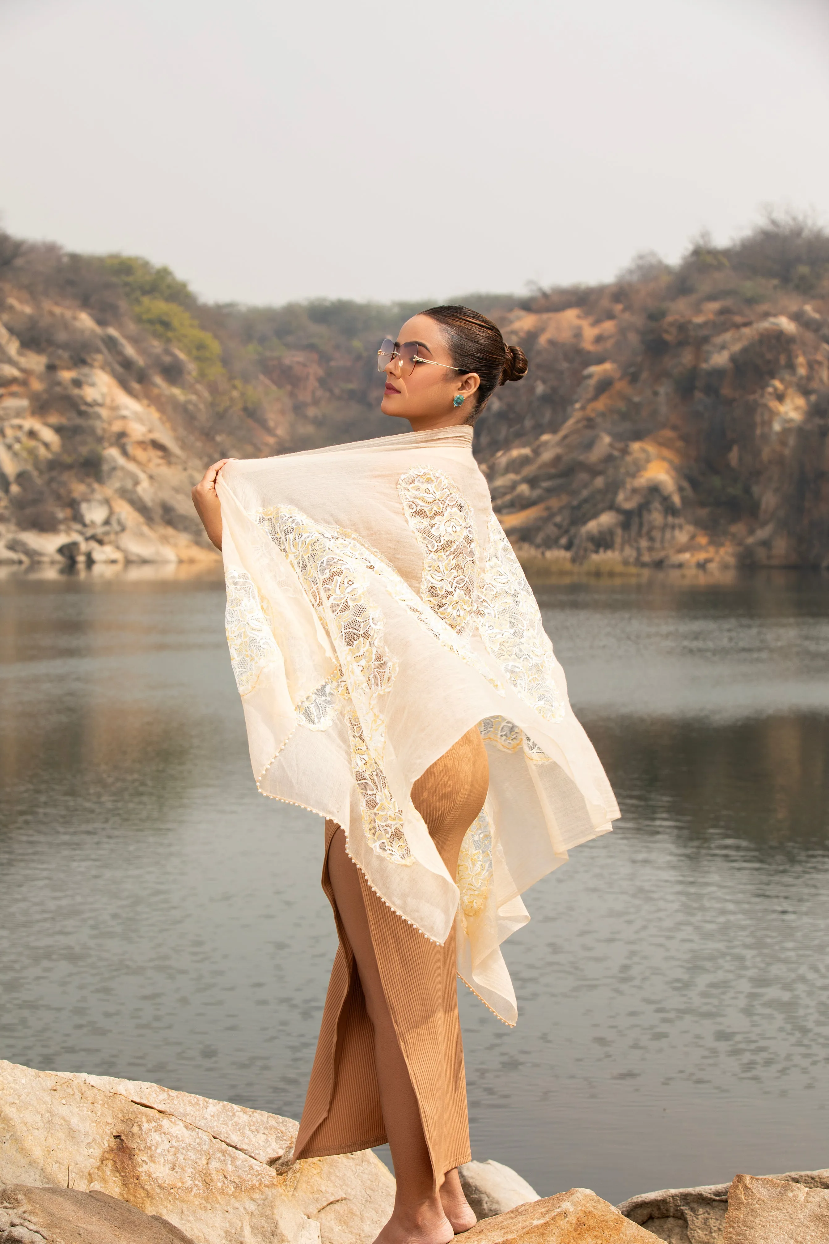 Beige Wool Scarf withLace Border, perfect lightweight winter scarf