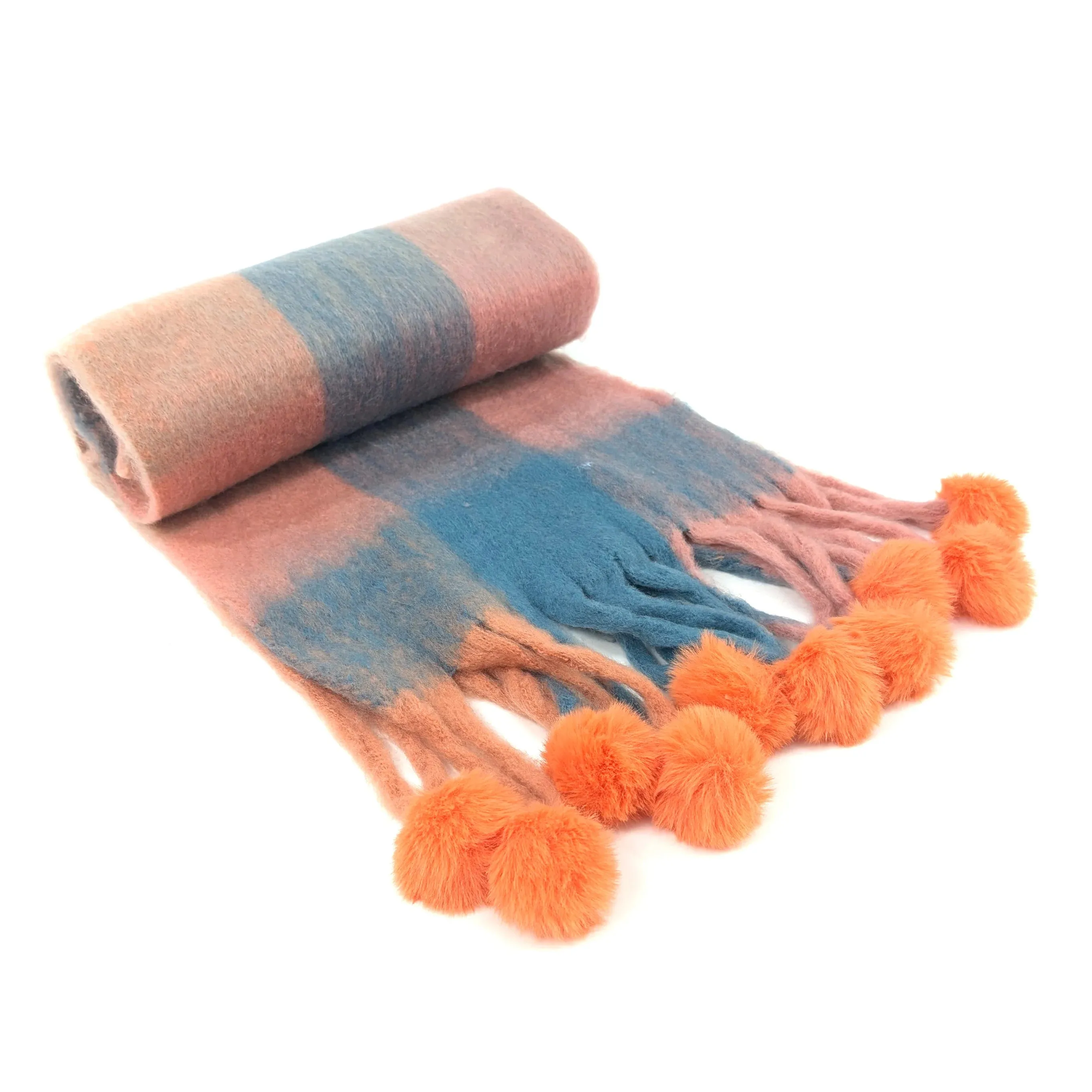 Black Ginger 210cm Peach/Blue Skala Pom Pom Extra Thick Scarf - 736-442