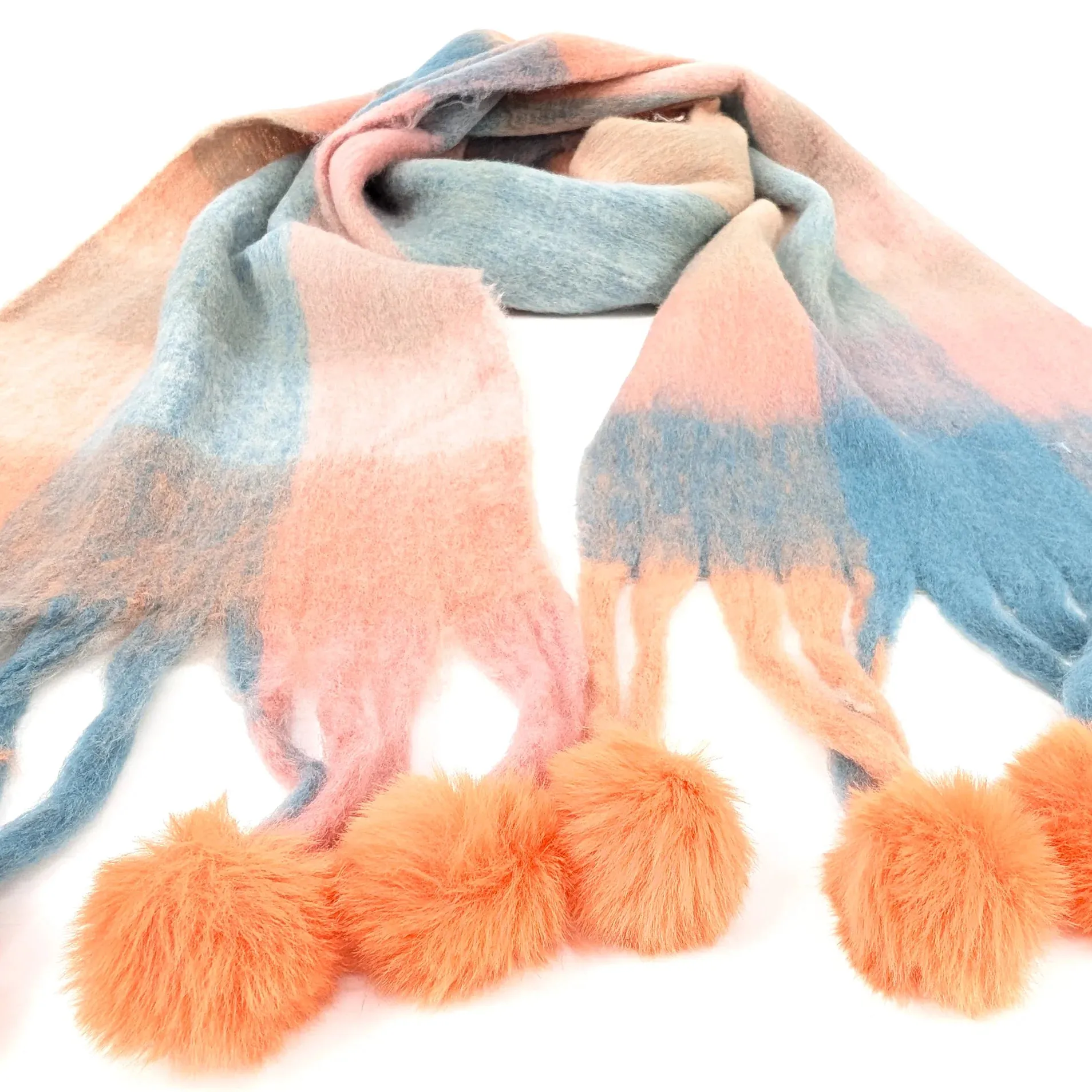 Black Ginger 210cm Peach/Blue Skala Pom Pom Extra Thick Scarf - 736-442