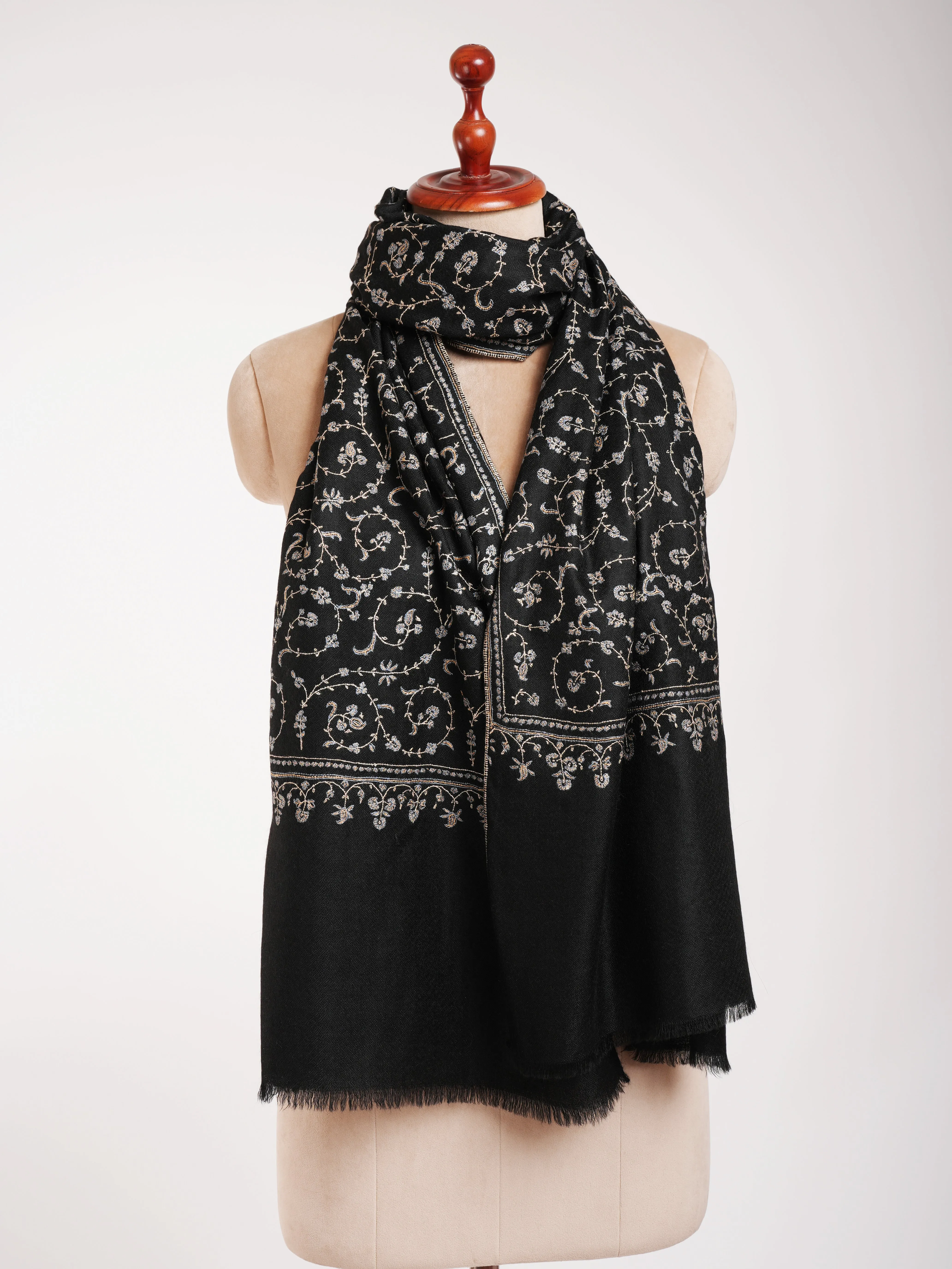 Black Indian Cashmere Lightweight Scarf with Hand Embroidery