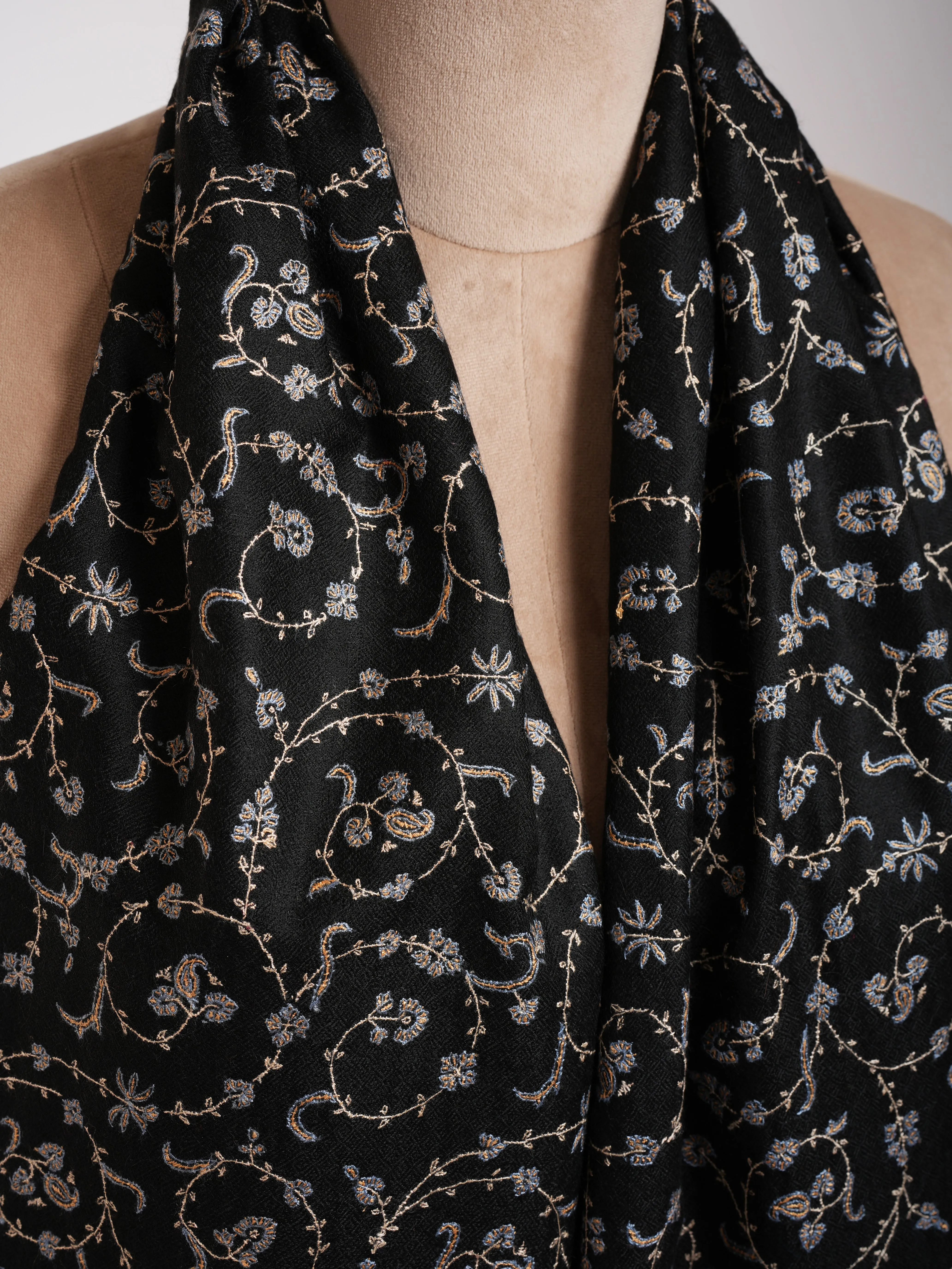 Black Indian Cashmere Lightweight Scarf with Hand Embroidery