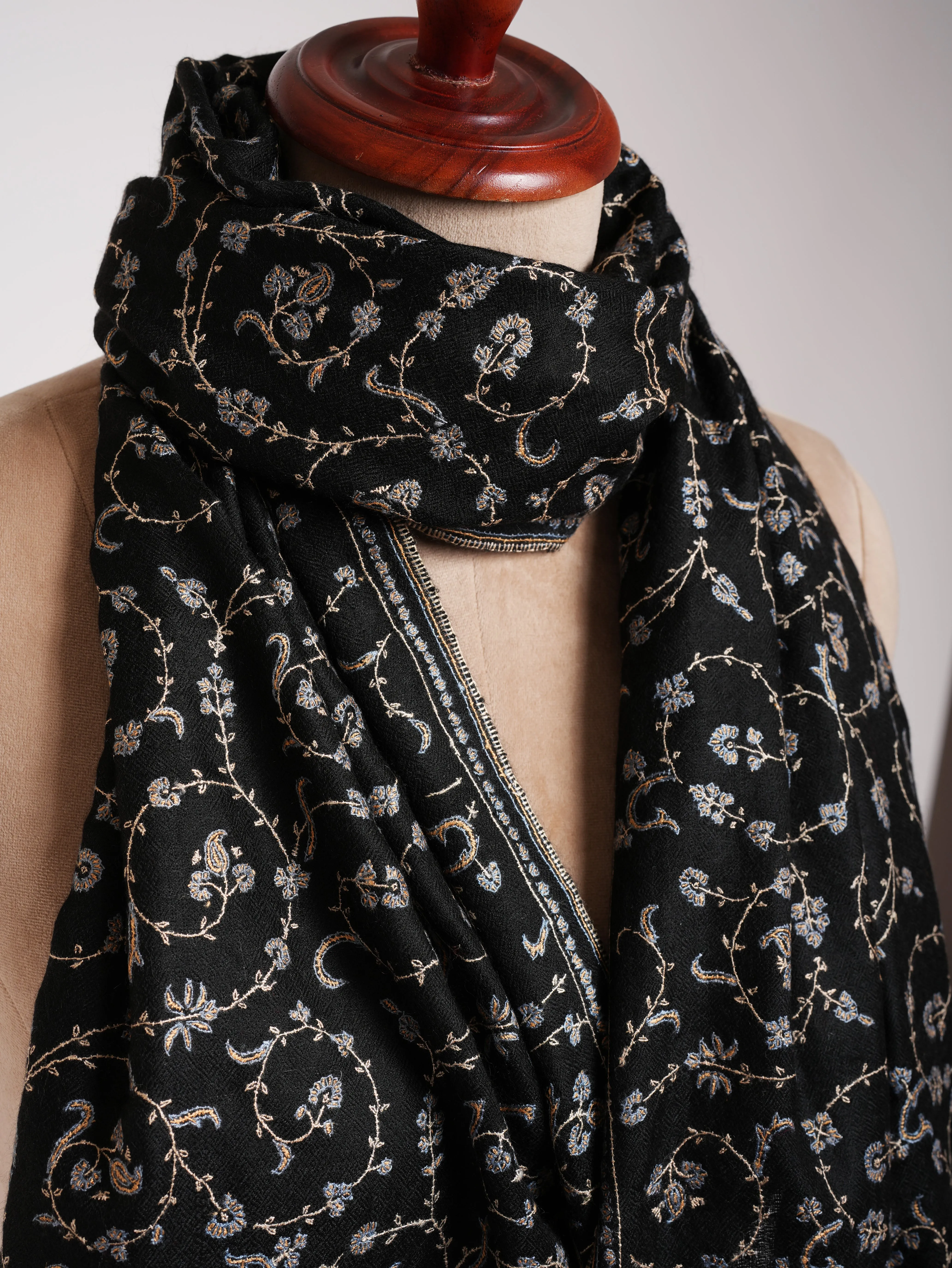 Black Indian Cashmere Lightweight Scarf with Hand Embroidery