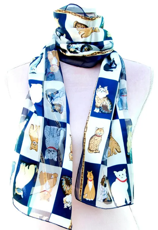 Blue Box Satin Chiffon Feel Cat Print Scarf