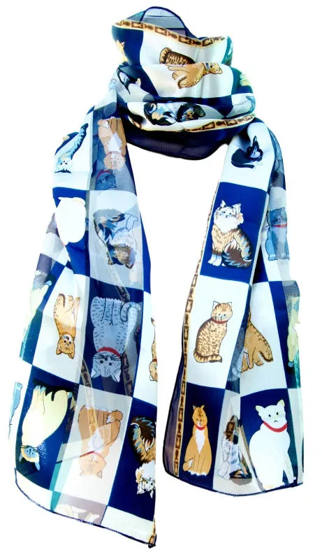 Blue Box Satin Chiffon Feel Cat Print Scarf