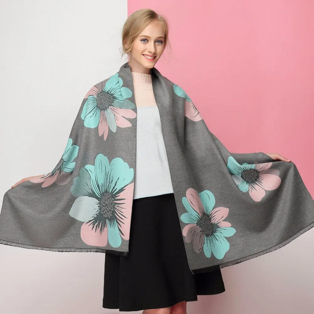 Cashmere Pashmina Shawls, Winter Reversible Blanket Scarves For Women Flower