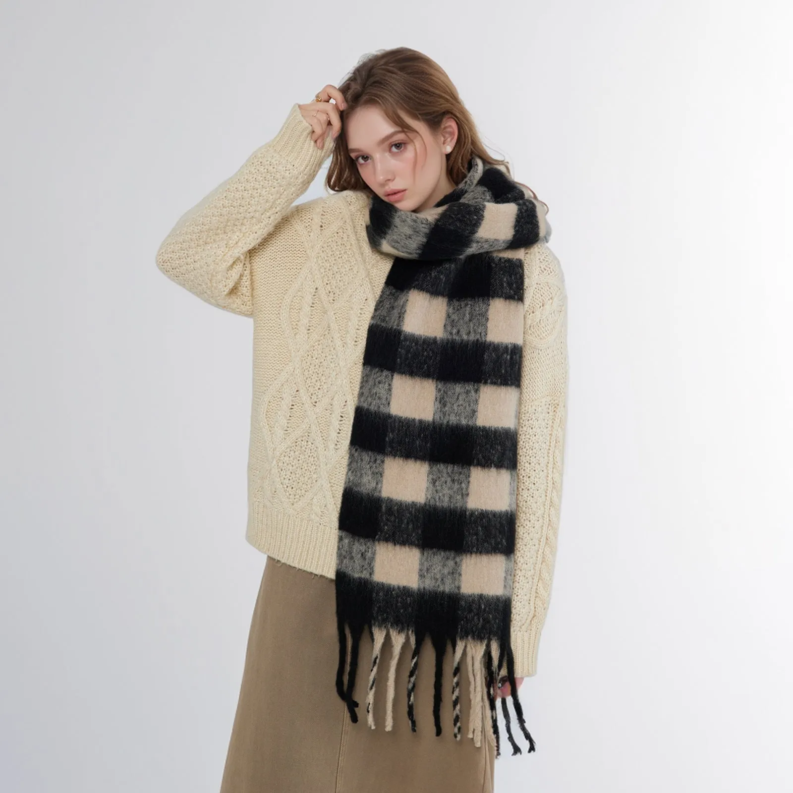 Classic Black White Checkered Warm Thick Winter Scarf