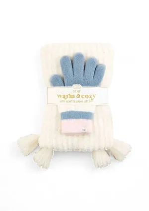 Colorblock Glove And Scarf - White