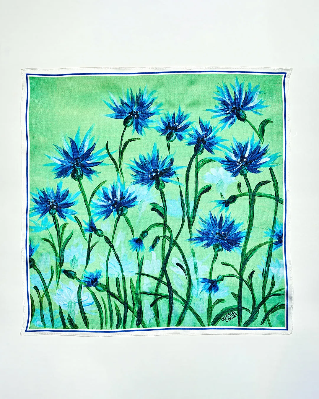 CORNFLOWERS DREAM Designer 100% Silk Art-A-Porte Scarf in Green Blue