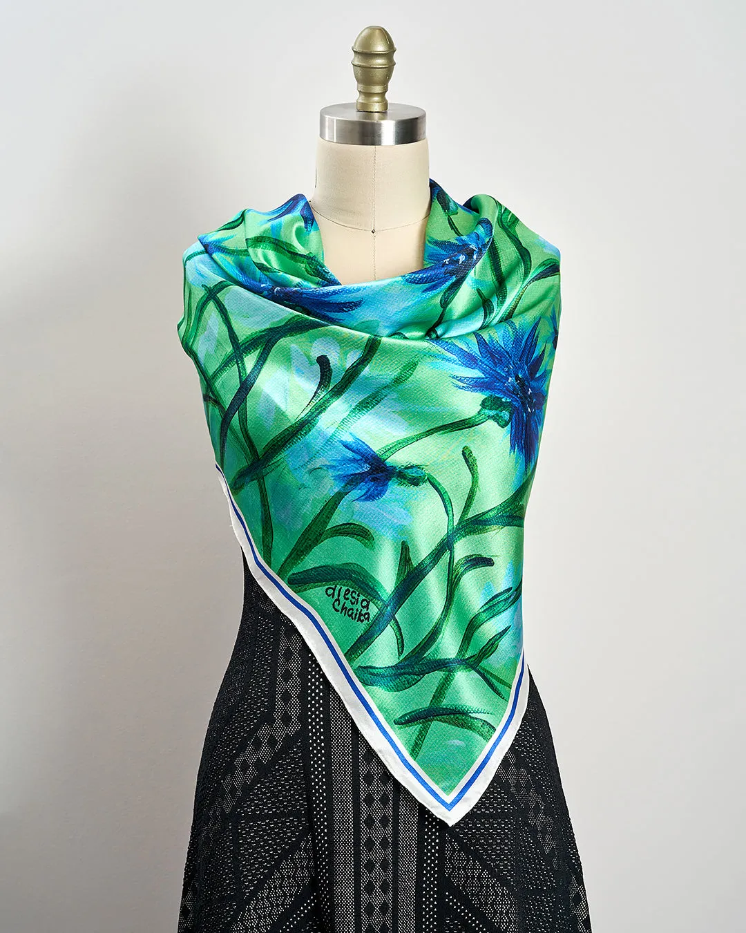 CORNFLOWERS DREAM Designer 100% Silk Art-A-Porte Scarf in Green Blue