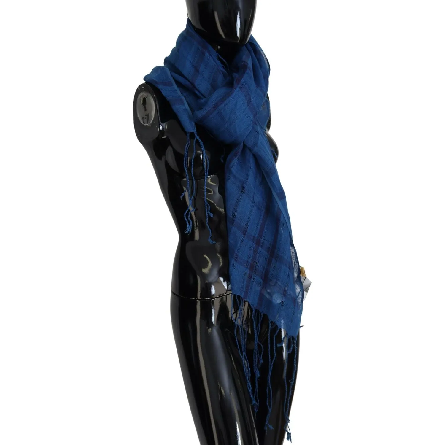 Costume National Chic Linen Fringed Scarf in Blue Checkered