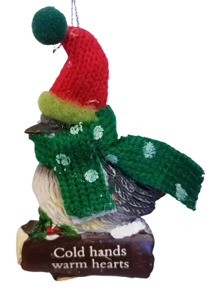 Cozy Bird with Green Scarf and Santa Hat Ornament 3"- Cold Hands and Warm Hearts