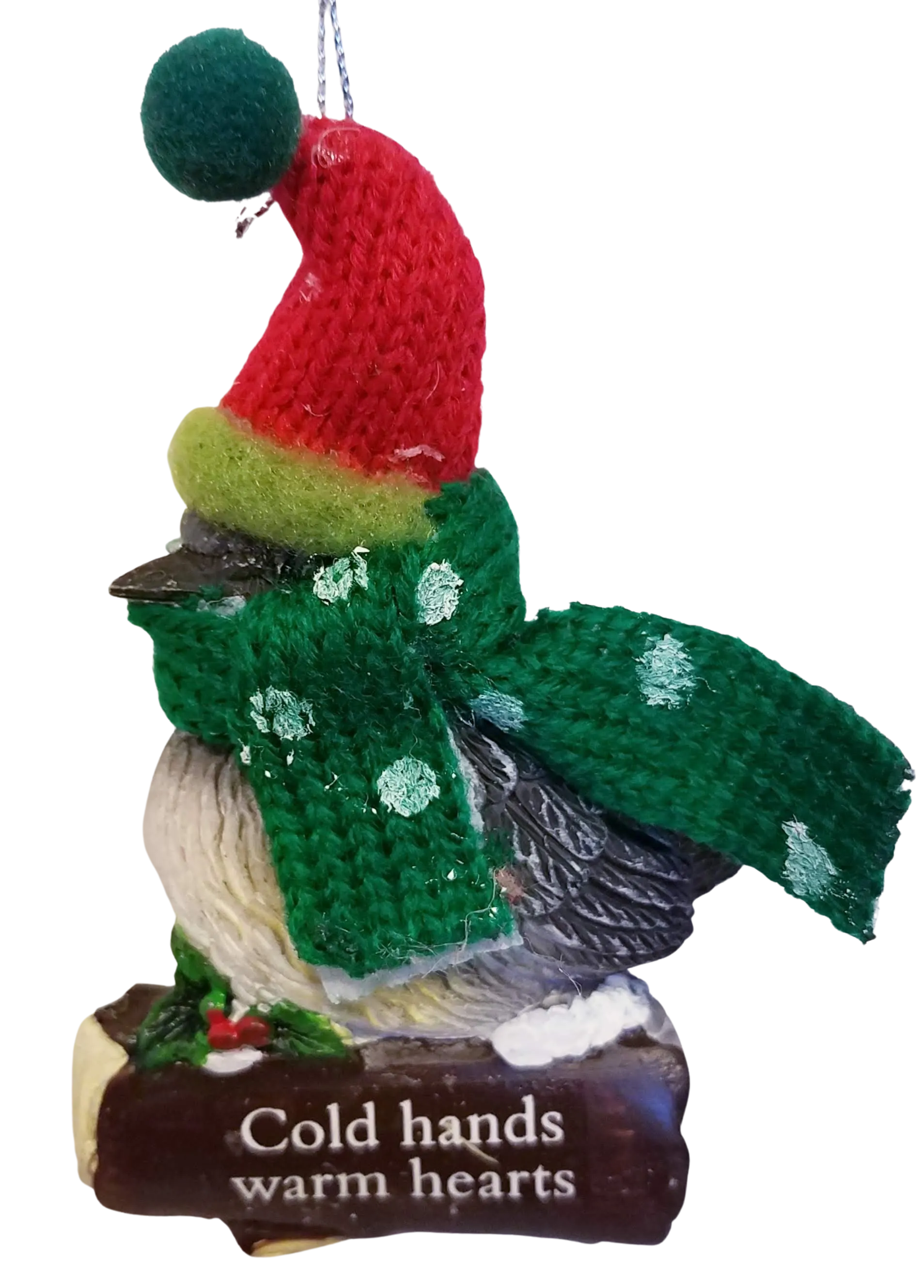 Cozy Bird with Green Scarf and Santa Hat Ornament 3"- Cold Hands and Warm Hearts