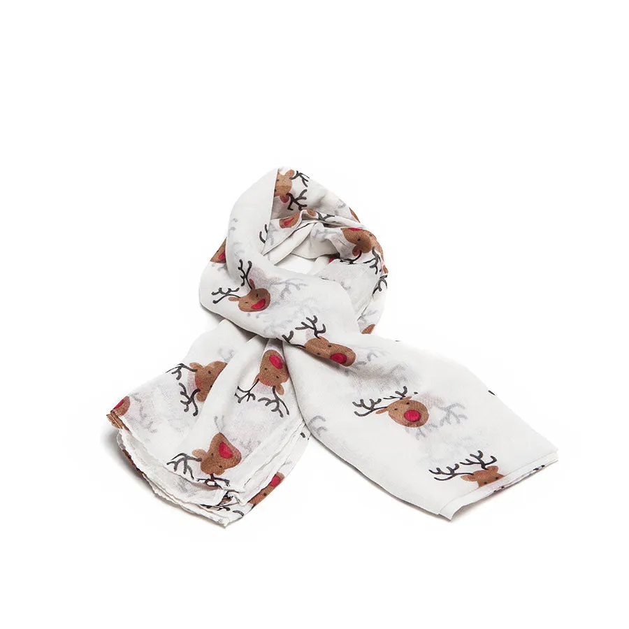 Cream Scarf with Cute Festive Reindeer Design