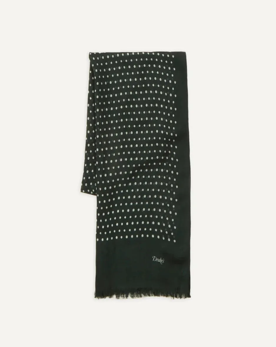 Drake's Polka Dot Print Wool Scarf / Green