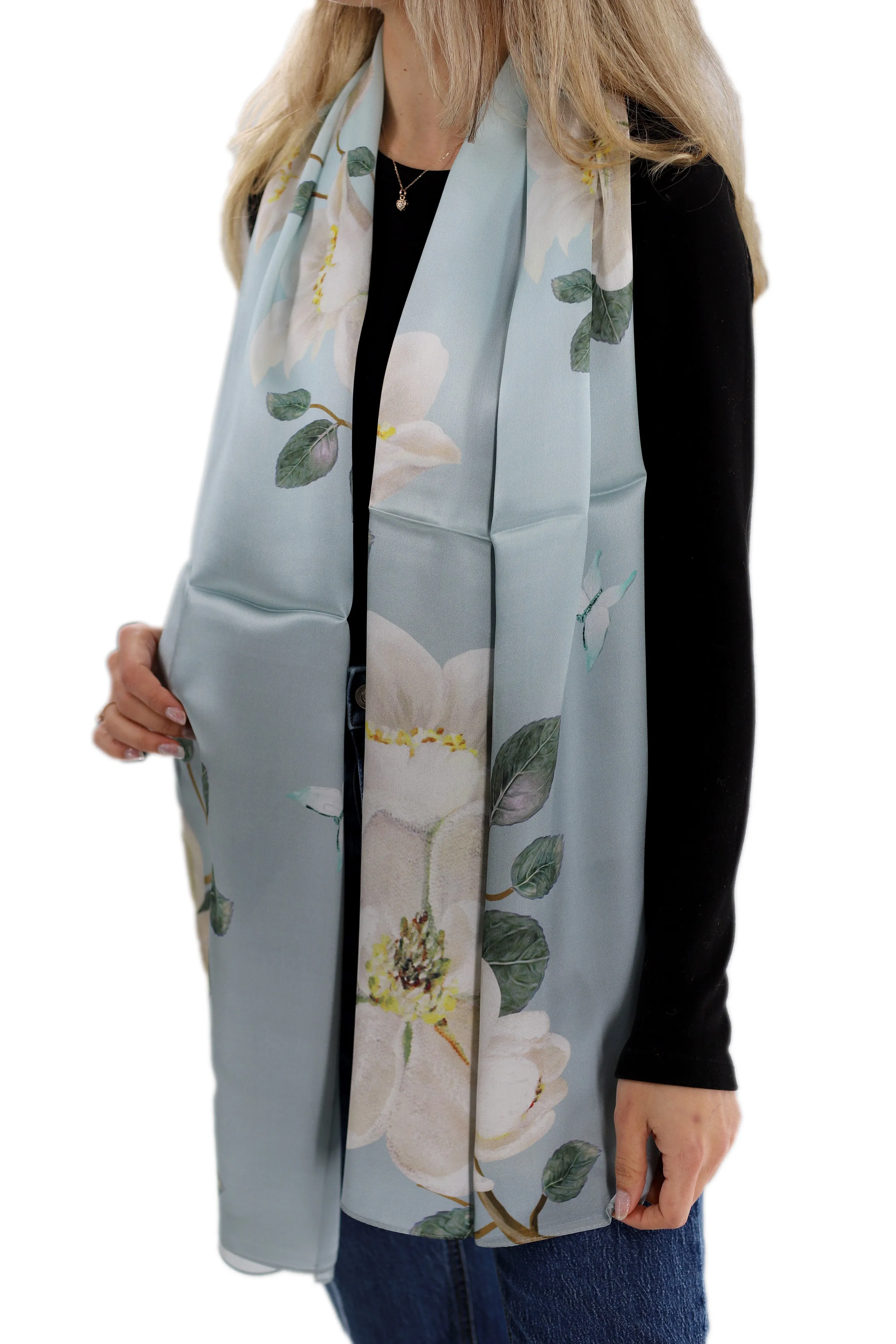 Elegant 100% Silk Floral Print Scarf - Light Green - One Size (38x30in)