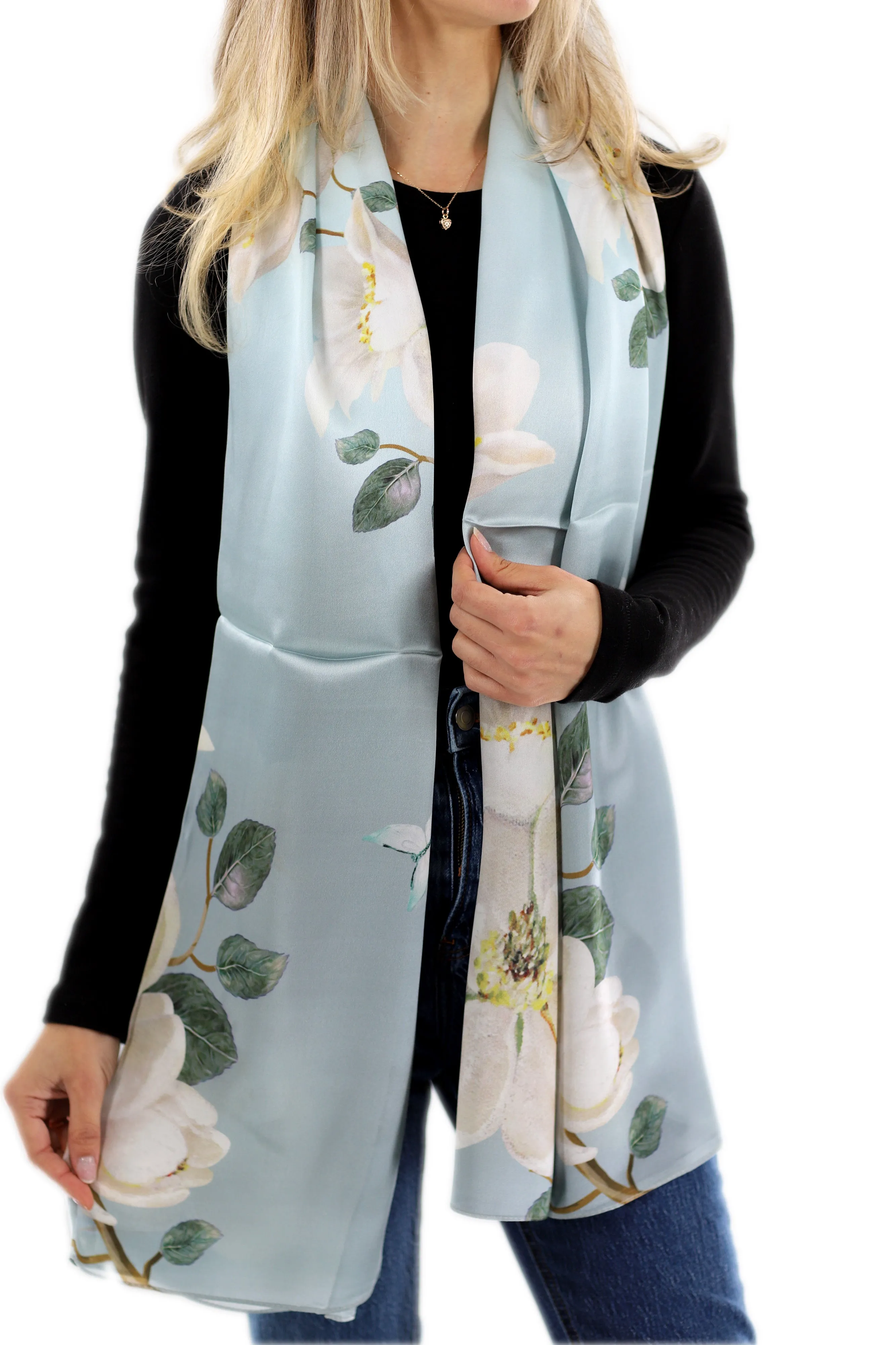 Elegant 100% Silk Floral Print Scarf - Light Green - One Size (38x30in)