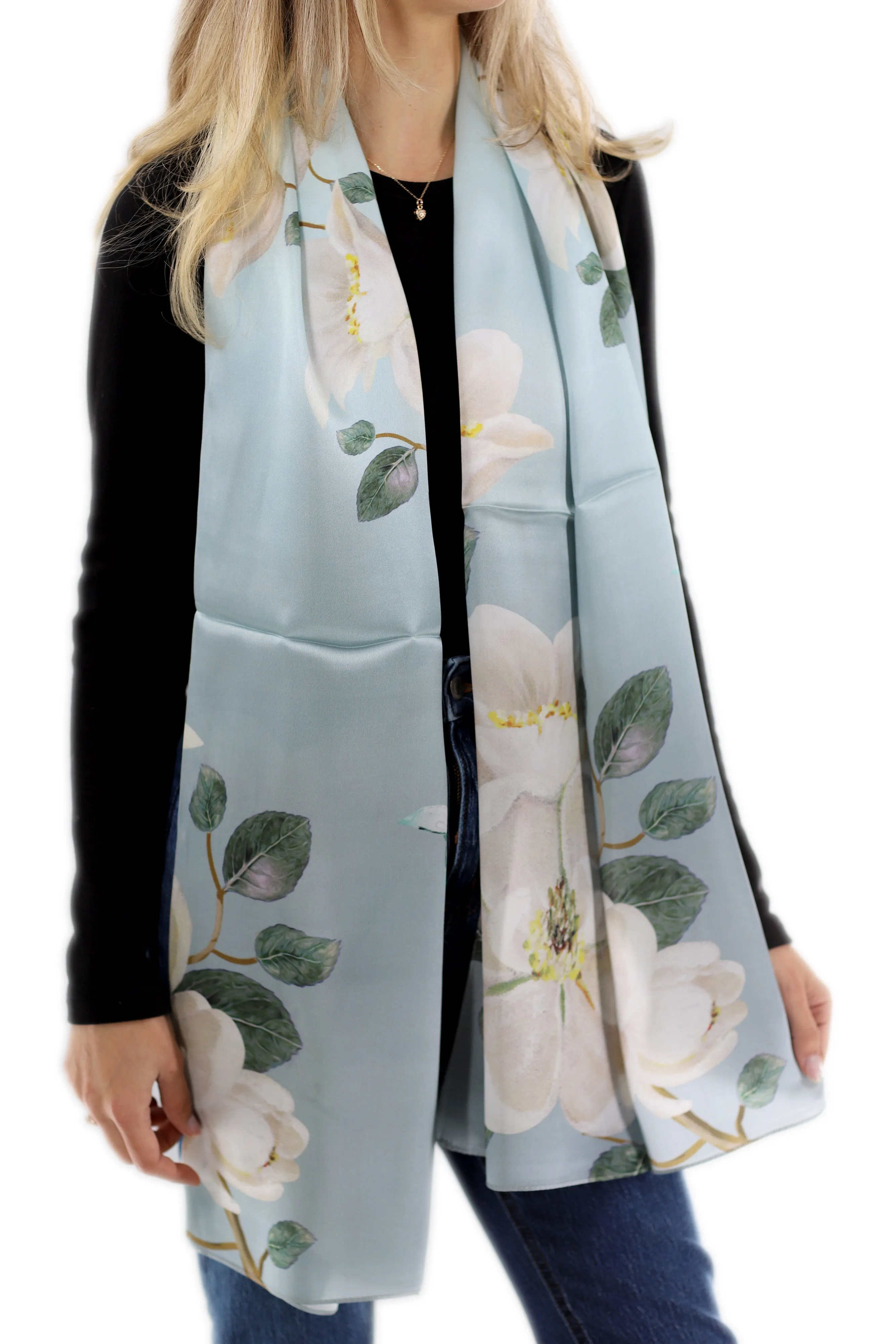 Elegant 100% Silk Floral Print Scarf - Light Green - One Size (38x30in)