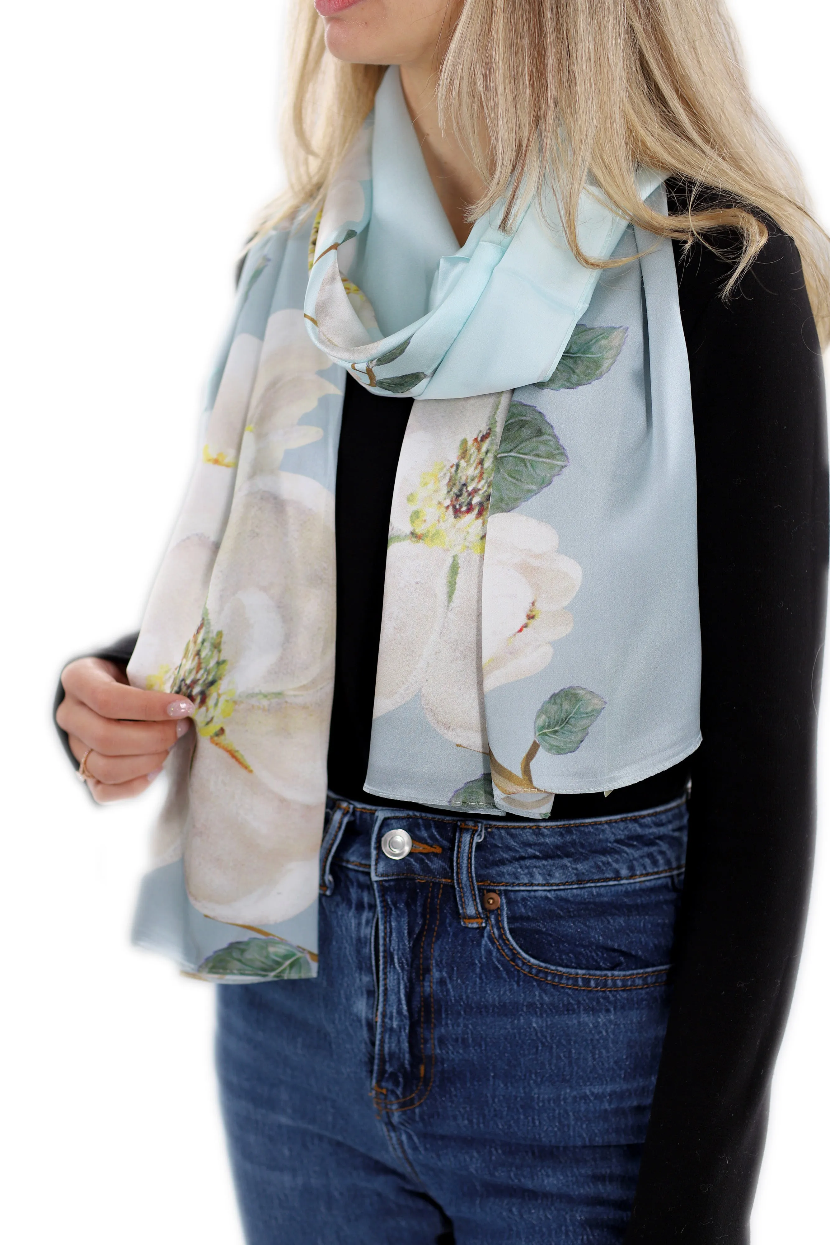 Elegant 100% Silk Floral Print Scarf - Light Green - One Size (38x30in)