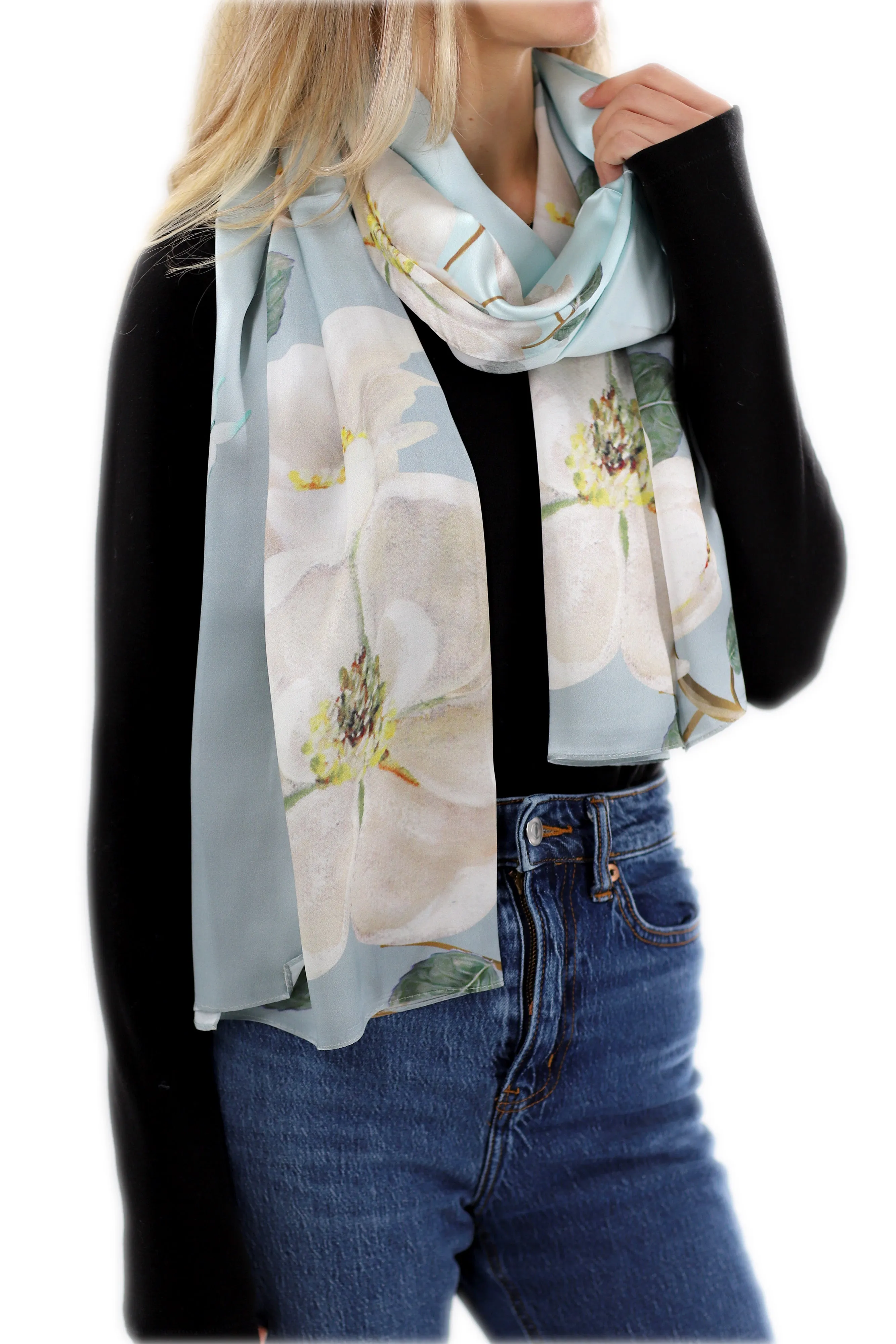 Elegant 100% Silk Floral Print Scarf - Light Green - One Size (38x30in)