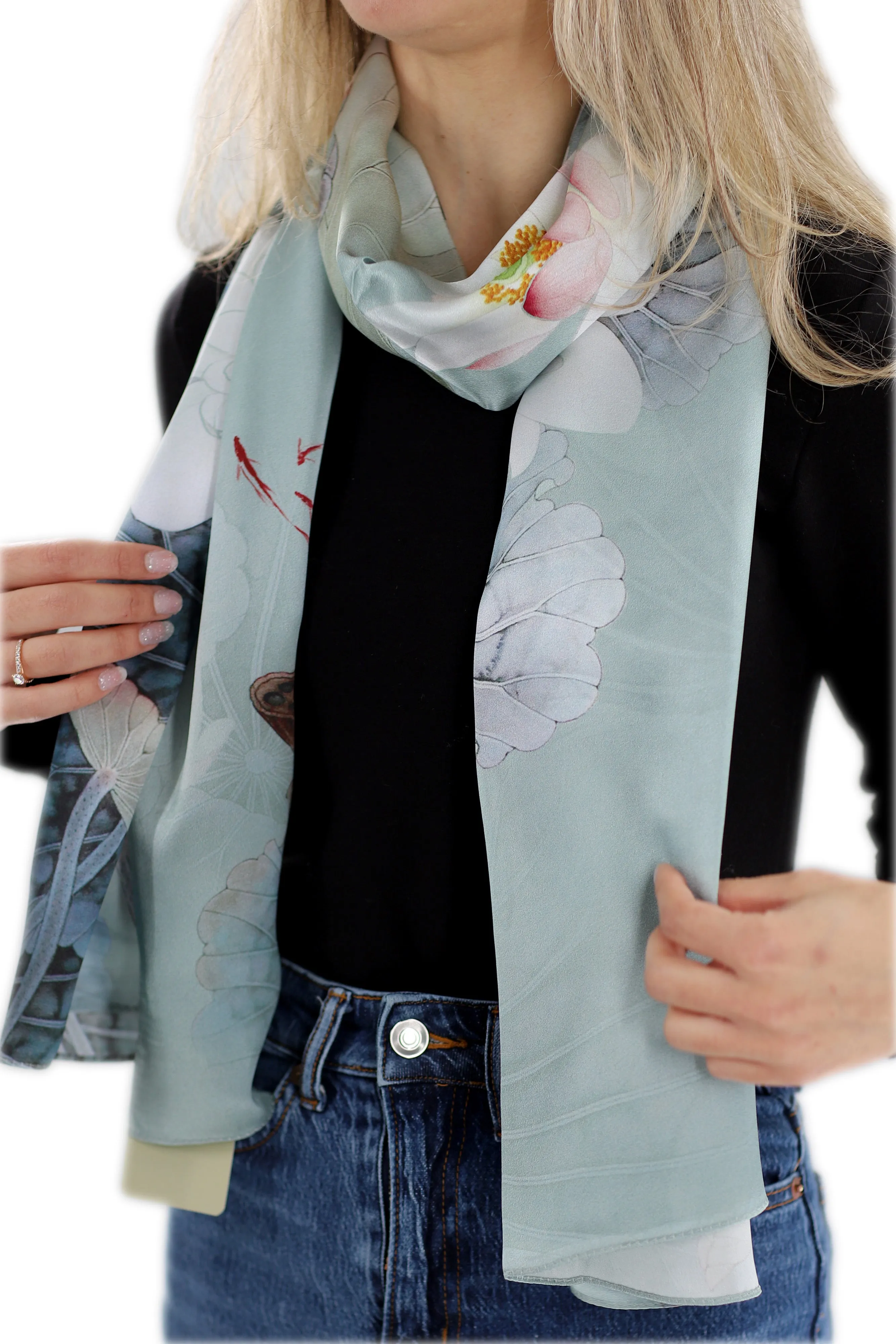 Elegant 100% Silk Floral Print Scarf - Light Green - One Size 68x21.2in)