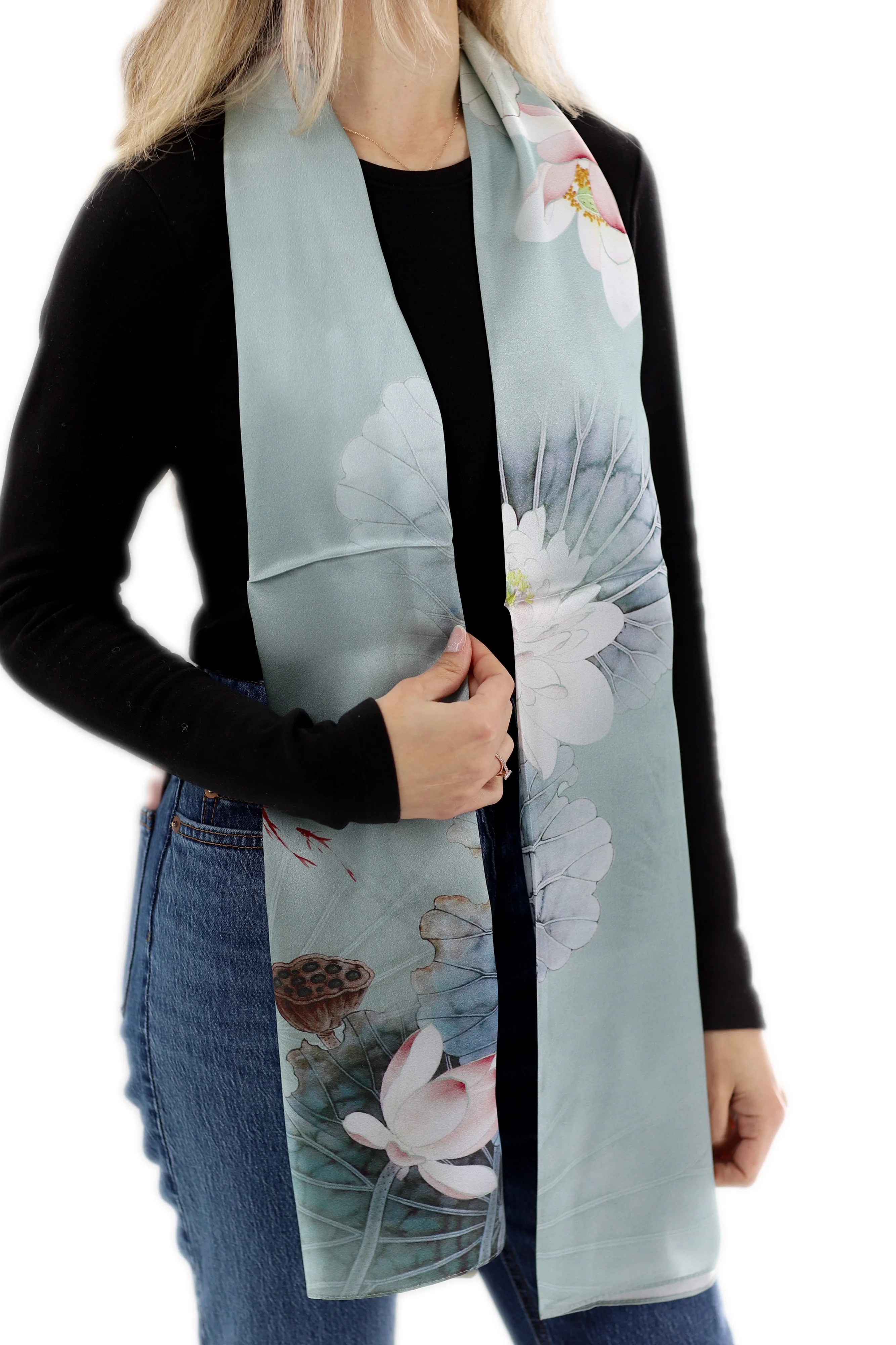 Elegant 100% Silk Floral Print Scarf - Light Green - One Size 68x21.2in)