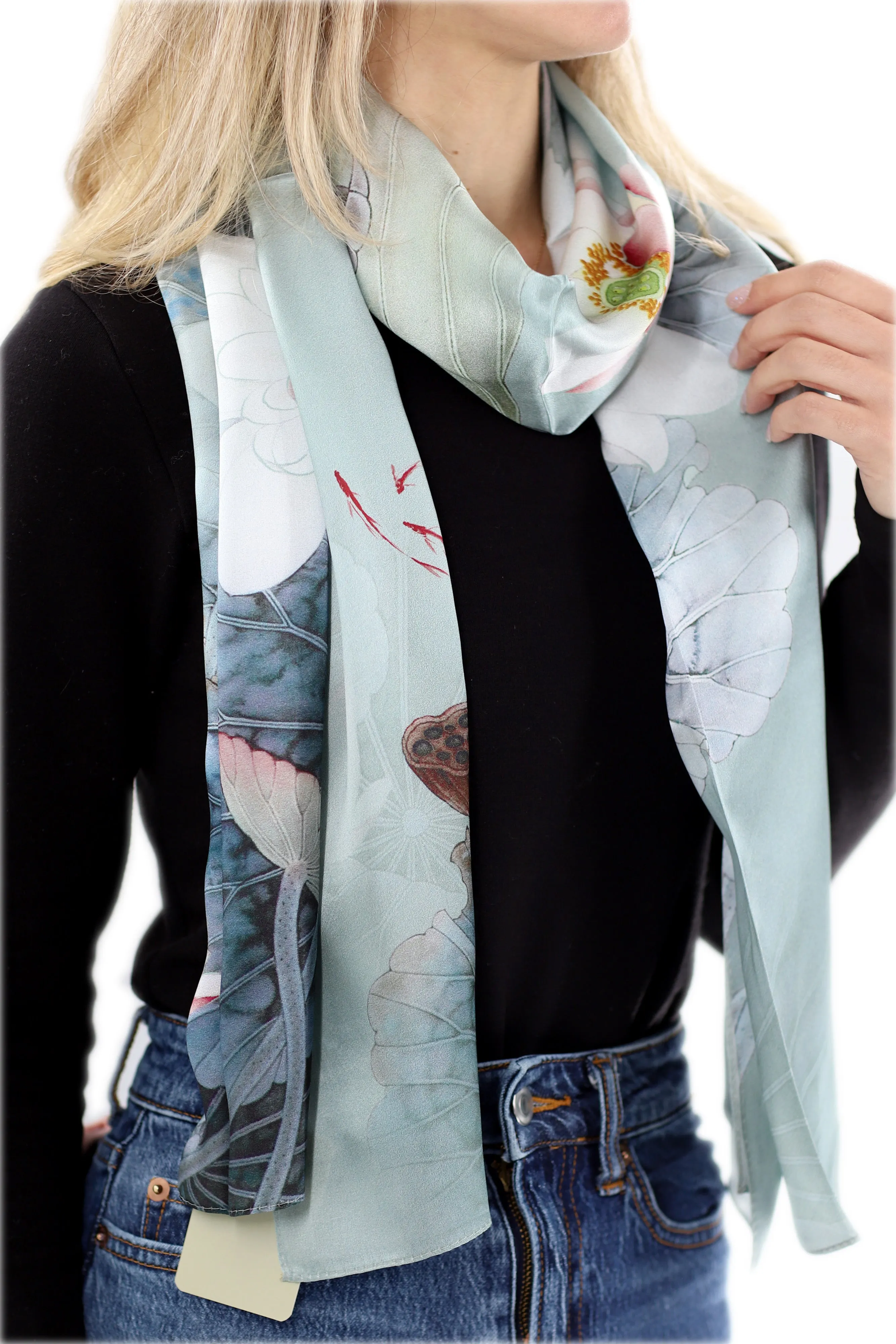 Elegant 100% Silk Floral Print Scarf - Light Green - One Size 68x21.2in)