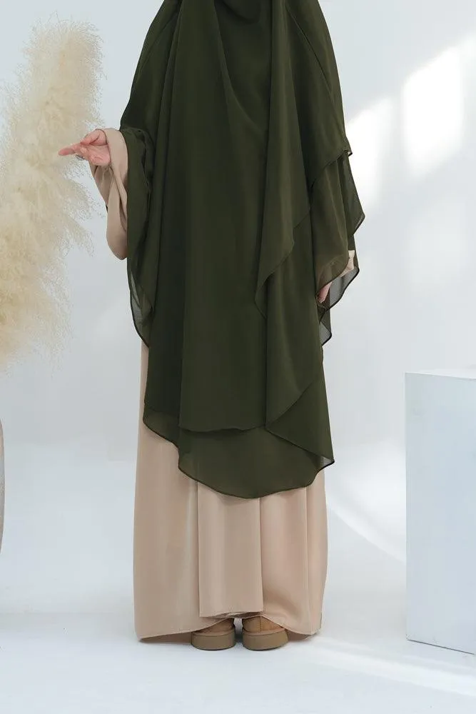 Elegant Olive Green Two-Layer Chiffon Extra Long Scarf