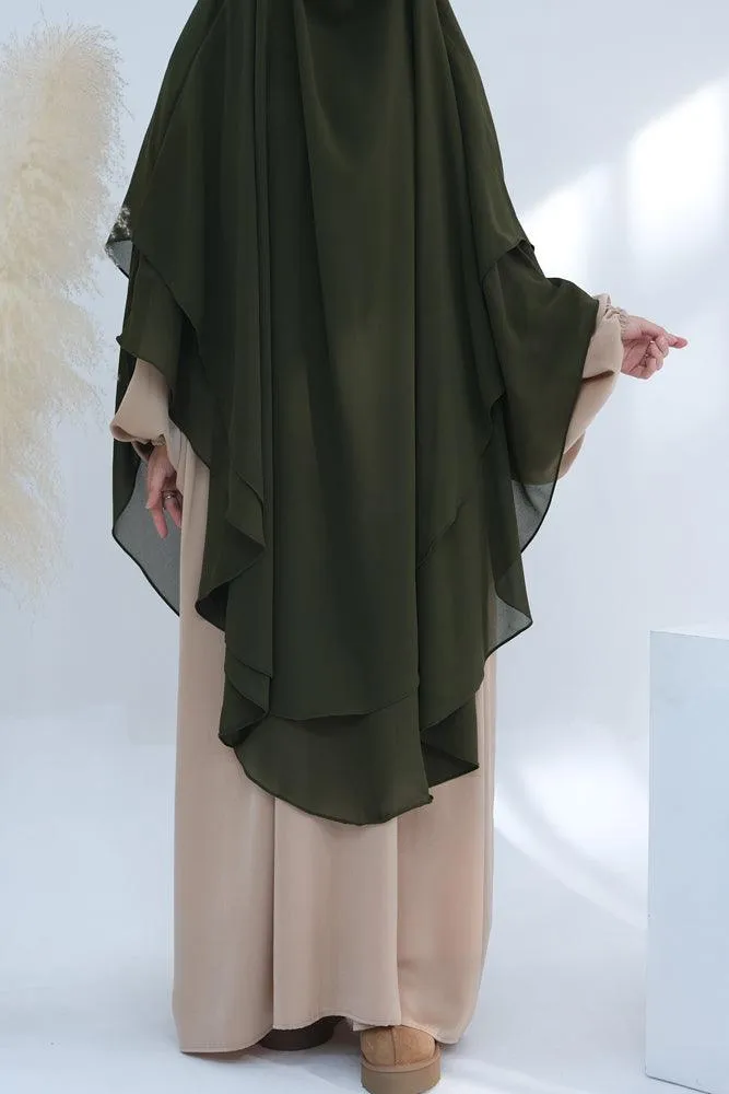 Elegant Olive Green Two-Layer Chiffon Extra Long Scarf