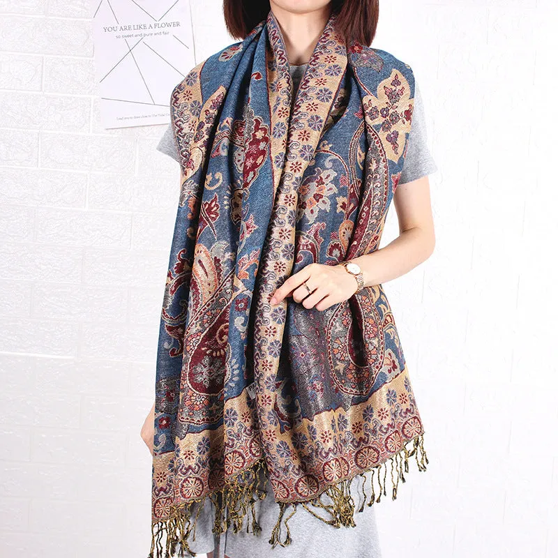 Ethnic Style Shawl Vintage Fringed Cheongsam Scarf Women's Purple Gold Flower Cashew Long Scarf