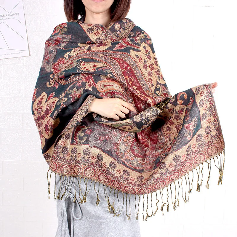 Ethnic Style Shawl Vintage Fringed Cheongsam Scarf Women's Purple Gold Flower Cashew Long Scarf