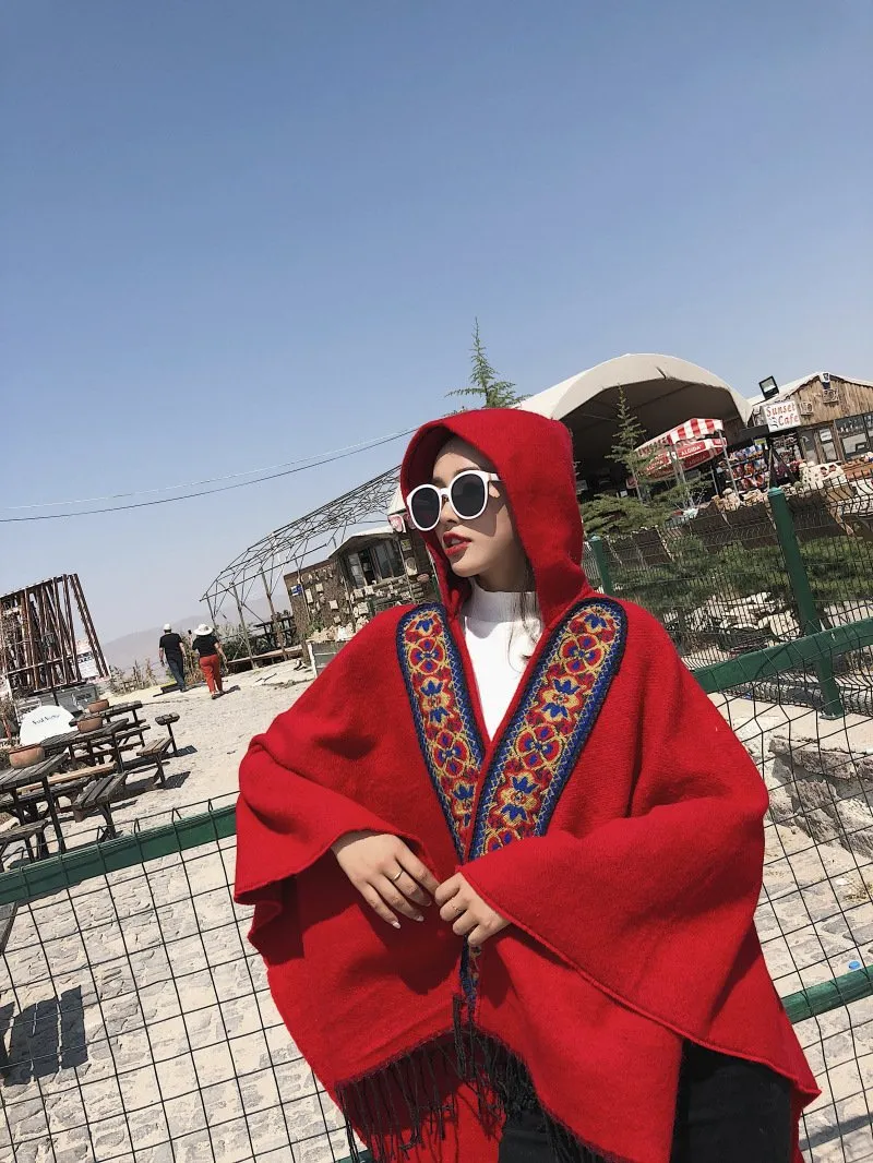 Folk Style Hooded Thick Warm Tibet Travel Scarf Shawl Cloak