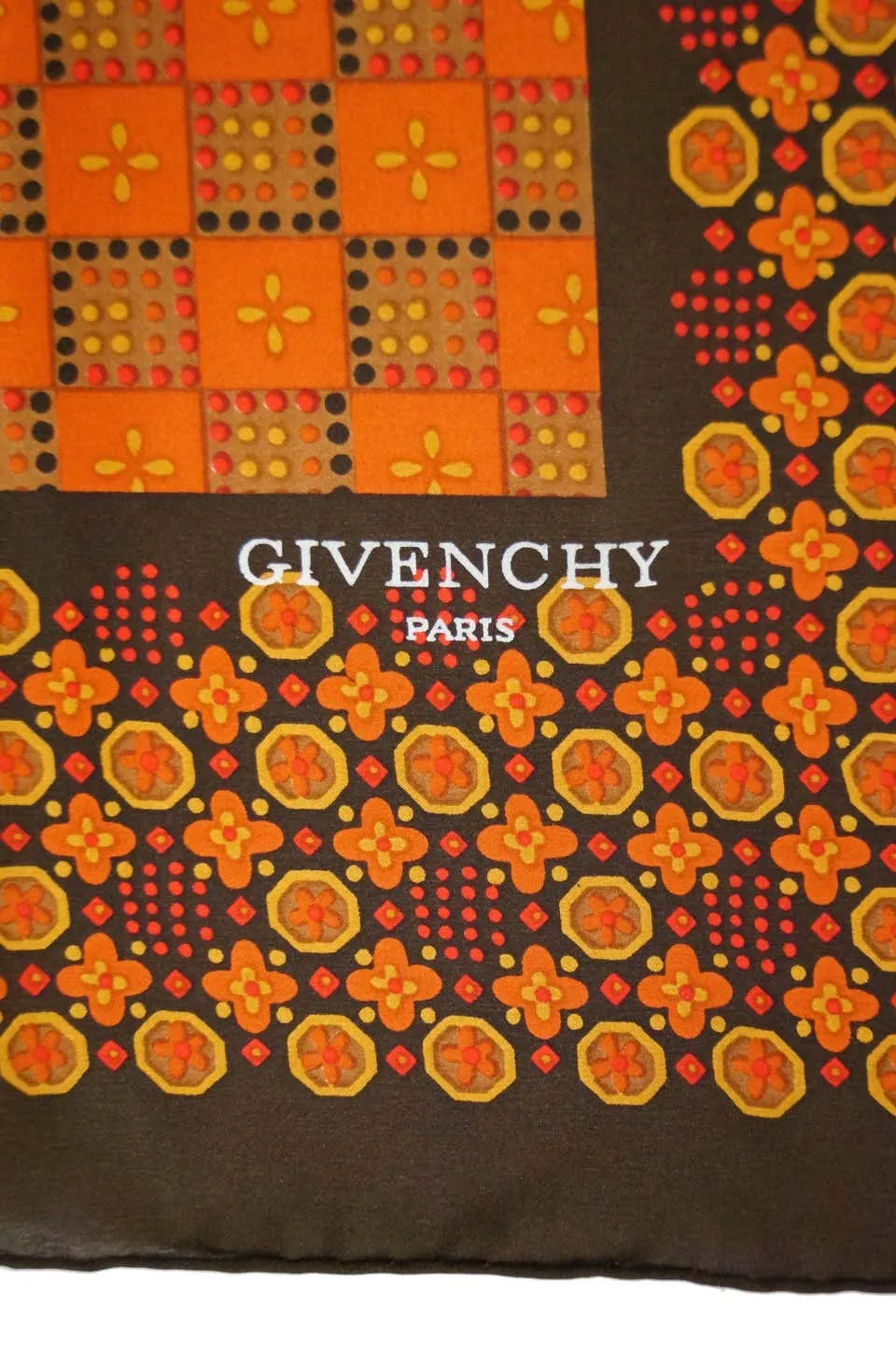 Givenchy Floral and Geometric Silk Scarf in Amber Tones, 1970s