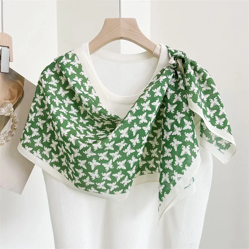 Grass Green Butterfly Print Silk Scarf, Luxurious 100% Double Crepe Silk Scarf - Perfect Gift for Her