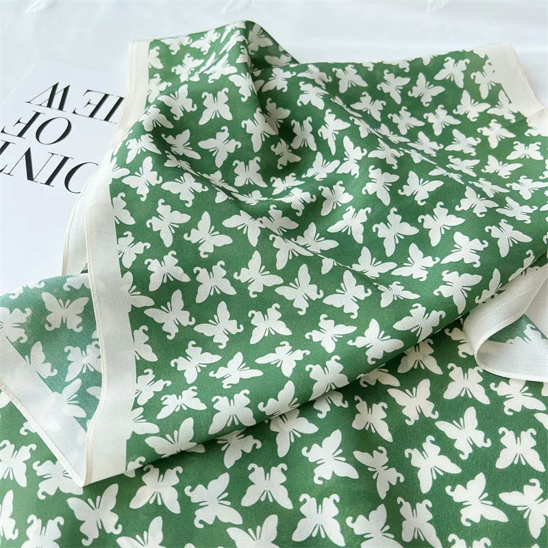 Grass Green Butterfly Print Silk Scarf, Luxurious 100% Double Crepe Silk Scarf - Perfect Gift for Her