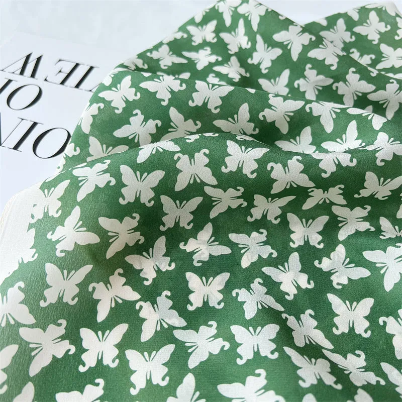 Grass Green Butterfly Print Silk Scarf, Luxurious 100% Double Crepe Silk Scarf - Perfect Gift for Her